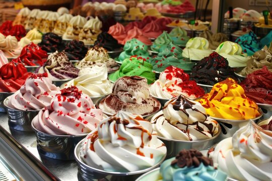 Beautiful Classic Gelato Display in an Italian Shop. Colorful and Decorated European Dairy Cream