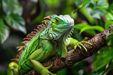 Fototapeta premium Beautiful Close-up of American Green Iguana on Central Tree Branch with Bright Colours and Background