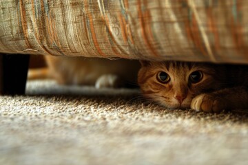Cat Hiding Under Couch. Close-Up of Felino Alone, Hidden at Home on Carpet - obrazy, fototapety, plakaty