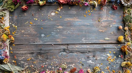 A rustic wooden background framed by a diverse selection of dried flowers and herbs, creating a vibrant border perfect for adding an earthy, botanical touch to any composition.