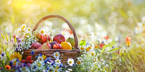Harvest Bounty  UHD Image of Wicker Basket with Apples and Flower Basket with Flowers - obrazy, fototapety, plakaty