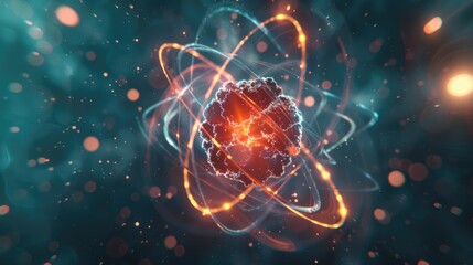 Electron Cloud in Atom Anatomy: 3D Render of Atomic Structure with Neutrons and Protons. Abstract Concept of Chemistry and Quantum Mechanics - obrazy, fototapety, plakaty