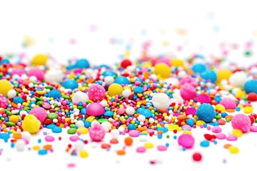 Fototapeta na wymiar Abundance of Colorful Candy Sprinkles Isolated on White Background. Blue Confetti Closeup Makes it More Colourful
