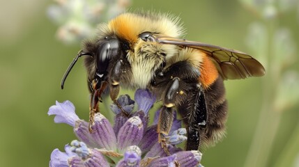 A detailed macro shot of a bee on a lavender flower, showcasing its fuzzy body and delicate wings amidst the flora.