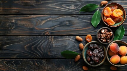 round bowls filled with dried fruits, including apricots, prunes, and assorted nuts, arranged on a wooden background with ample empty space for text or design elements.