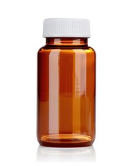 Isolated Pill Bottle on White Background for Medical Use, with Amber-Colored Capsules for Pain Relief and Care of Addiction