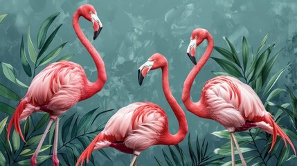 Seamless background with flamingos. Tropical nature watercolor design.
