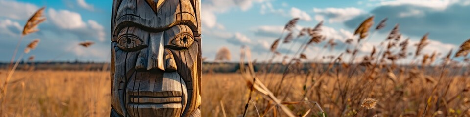 wooden totem in the field. - obrazy, fototapety, plakaty