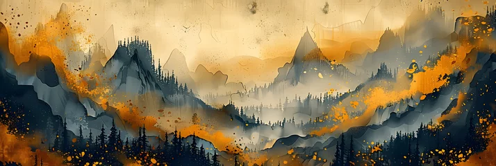 Schilderijen op glas An abstract artistic background. Hand-painted ink landscape painting in Chinese style. Golden texture. Modern art prints, wallpapers, posters and murals. © Prasanth