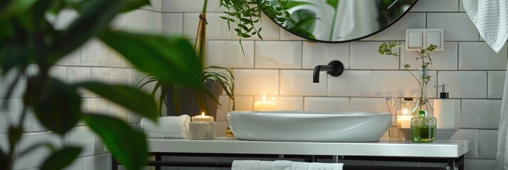 Modern Black and White Bathroom Interior with Green Plants and Metal Towel Rack and Candles Placed under Mirror