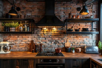 Cozy Kitchen Interior with Brick Wall. Comfortable & Clean Modern Apartment, Contemporary Cookware, Countertops & Details on Background