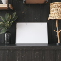 Obraz premium Mockup frame in black living room interior with retro decor, 3d render