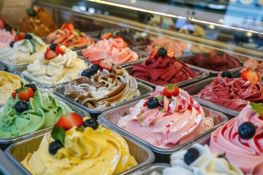 Classic Italian Gelato Displayed in Shop: Colorful, Creamy, and Decorated with European Charm