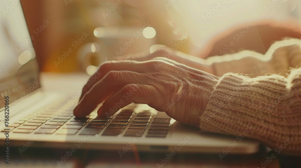 Poster close-up of hands typing on a backlit laptop keyboard in a dimly lit setting.
