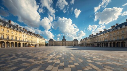 Visit Bordeaux's Famous Place de la Bourse - Ancient and Bright Architecture with Blue Sky and Clouds in the Boulevard - obrazy, fototapety, plakaty