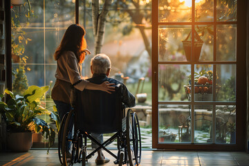 Elderly man in wheelchair with his caregiver at home - obrazy, fototapety, plakaty