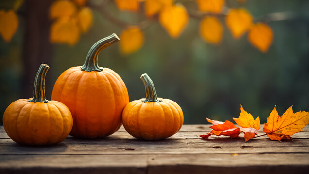 beautiful pumpkins, autumn leaves on a wooden background composition