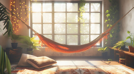 A comfortable hammock hanging in a well-lit room filled with lush green plants. Perfect for creating a cozy and relaxing atmosphere indoors