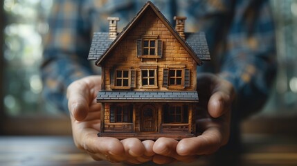 Hands of a Real estate agent holding a miniature wooden house.
