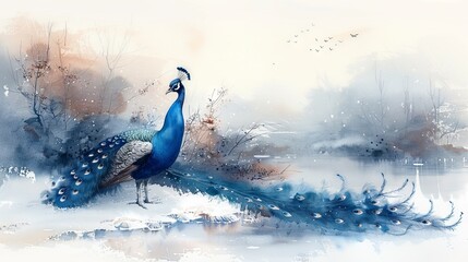 Pets. Peacocks. Watercolor illustration. Farm animals.