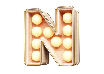 Movie marquee font letter N made of wood and soft orange light bulbs. High quality 3D rendering.