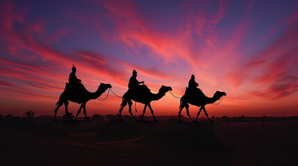 Silhouette of Three Wiseman Riding their Camels on the Desert Horizon. Christmas holiday concept, visit of baby Jesus, on the way to the city of Bethlehem