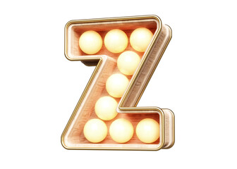 3D rendering marquee alphabet letter Z made of wood with warm light bulbs. Retro style Broadway design typography.