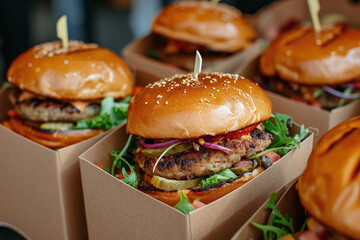 Street food. Meat cutlet burgers are in paper boxes. Food delivery. - obrazy, fototapety, plakaty