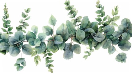 This watercolor design depicts a green floral banner with silver dollar eucalyptus isolated on a white background. It can be used on greeting cards, wedding invitations, posters, save the dates, or