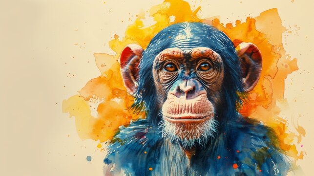 Illustration of a monkey chimpanzee in watercolors. African animals. Exotic nature. Wildlife.