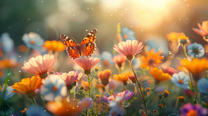 Obraz na płótnie Canvas spring landscape with meadow flowers and butterflies, charmful scene