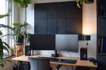Home office acoustic panels create a distractionfree work environment by soundproofing promoting focus and efficiency. Concept Soundproofing, Home Office, Acoustic Panels - obrazy, fototapety, plakaty