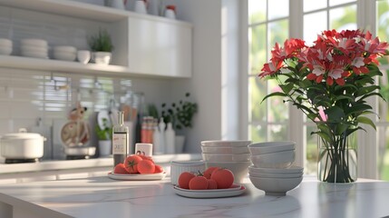 A contemporary kitchen interior adorned with houseware and newly introduced furniture - obrazy, fototapety, plakaty