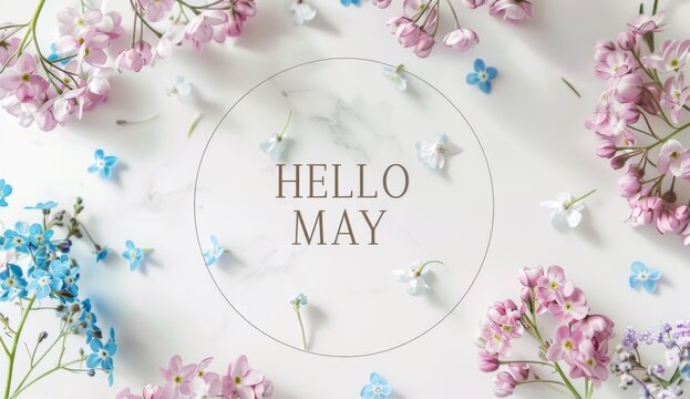 "HELLO MAY", text in the middle of an elegant round white circle, pastel pink and baby blue forgetmenots flowers around the sides Generative AI