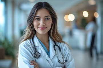 Profile photo of attractive family doc lady patients consultation friendly smiling reliable virology clinic arms crossed wear white lab coat stethoscope in hospital interior. Copy space