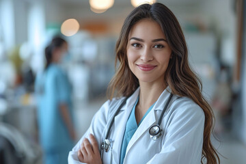 Profile photo of attractive family doc lady patients consultation friendly smiling reliable virology clinic arms crossed wear white lab coat stethoscope in hospital interior. Copy space - obrazy, fototapety, plakaty