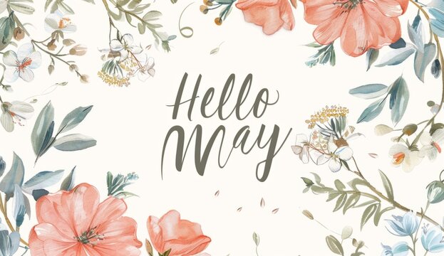 "HELLO MAY", written in elegant script, surrounded by delicate pastel flowers and soft white background Generative AI