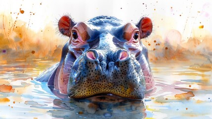Baby hippo with watercolor illustration. Exotic nature, african animals, and savannah wildlife. - obrazy, fototapety, plakaty