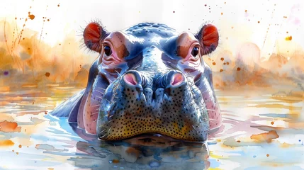 Foto op Plexiglas Baby hippo with watercolor illustration. Exotic nature, african animals, and savannah wildlife. © Diana