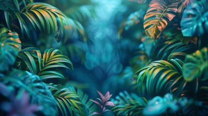 Fototapeta na wymiar Neon Eden: Tropical Leaves in a Green and Blue Frame 