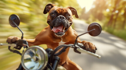 A boxer dog drives a motorcycle. - 768221827