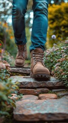 Man walking on the stone path in the garden. Close up of male legs in brown boots