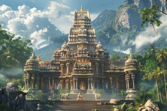 Majestic Hindu temple with jungle and mountains in the background