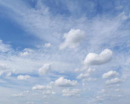 A skyscape image with blue skies dotted with clouds