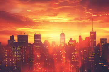 A city skyline with a bright orange sun in the background - obrazy, fototapety, plakaty
