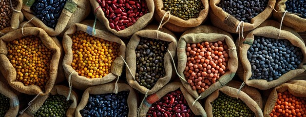 burlap bags overflowing with a diverse array of beans, including black, red, yellow long-legged, green round-shaped goldenuki, brown, navy blue, yellow, and white varieties. - obrazy, fototapety, plakaty