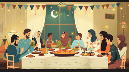 Joyful Eid Feast: Family Gathering Around the Table for a Shared Meal. - 768222266