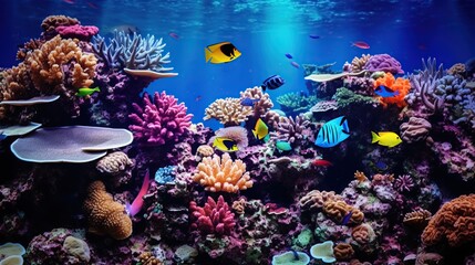 Fototapeta na wymiar Beautiful underwater view with various coral reef and fishes and sun rays. Sea world underwater. Diving and snorkeling concept background.