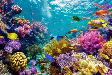 Fotobehang A colorful coral reef with many different types of fish swimming around © mila103