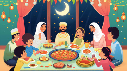 Joyful Eid Feast: Family Gathering Around the Table for a Shared Meal. - 768222292
